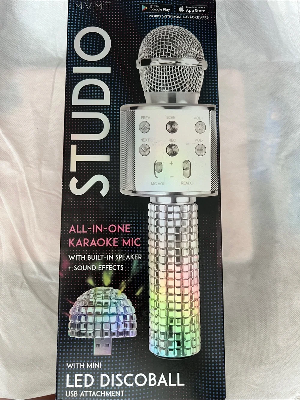 MVMT Silver Studio All-In-One Bluetooth Karaoke Microphone with RGB Disco Ball